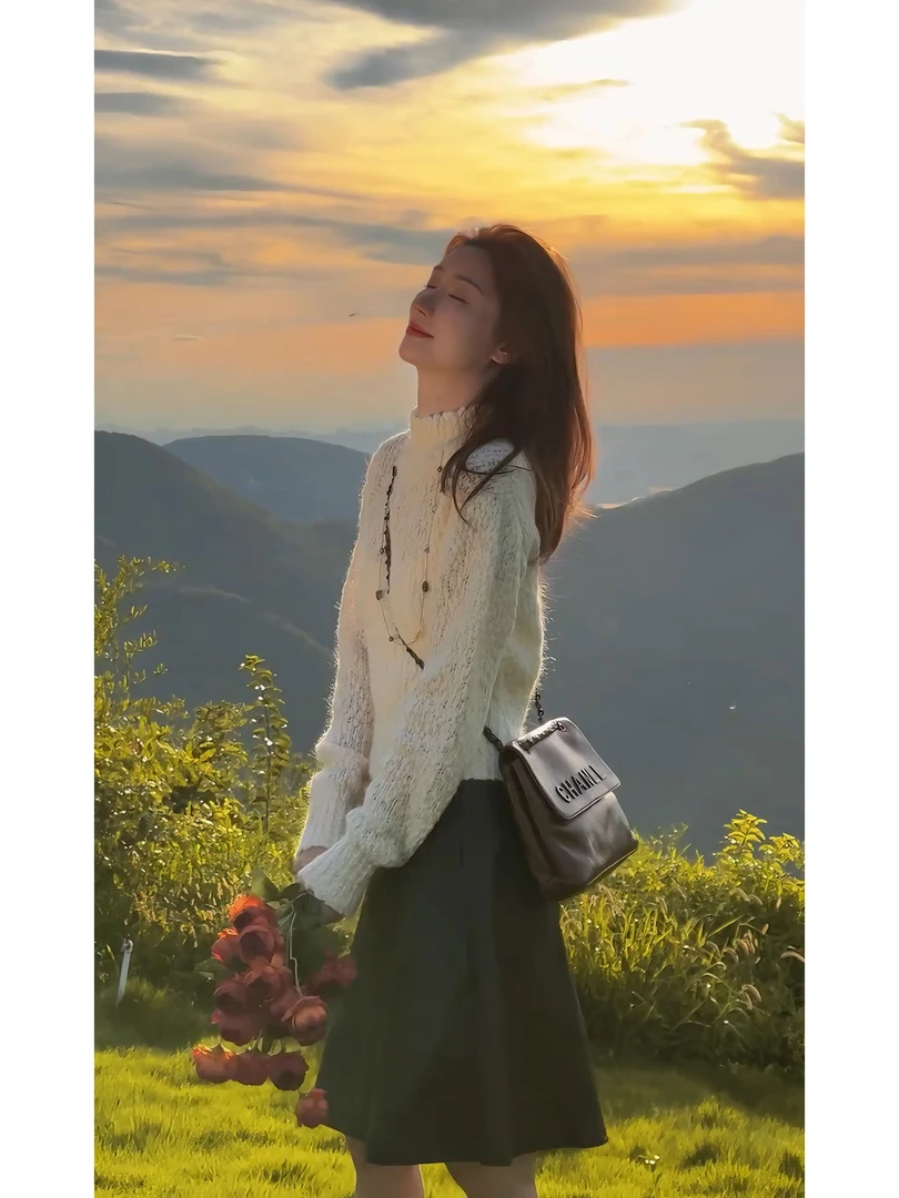 2025秋季新款慵懒感韩系穿搭气质长袖针织衫上衣高腰半身裙两件套