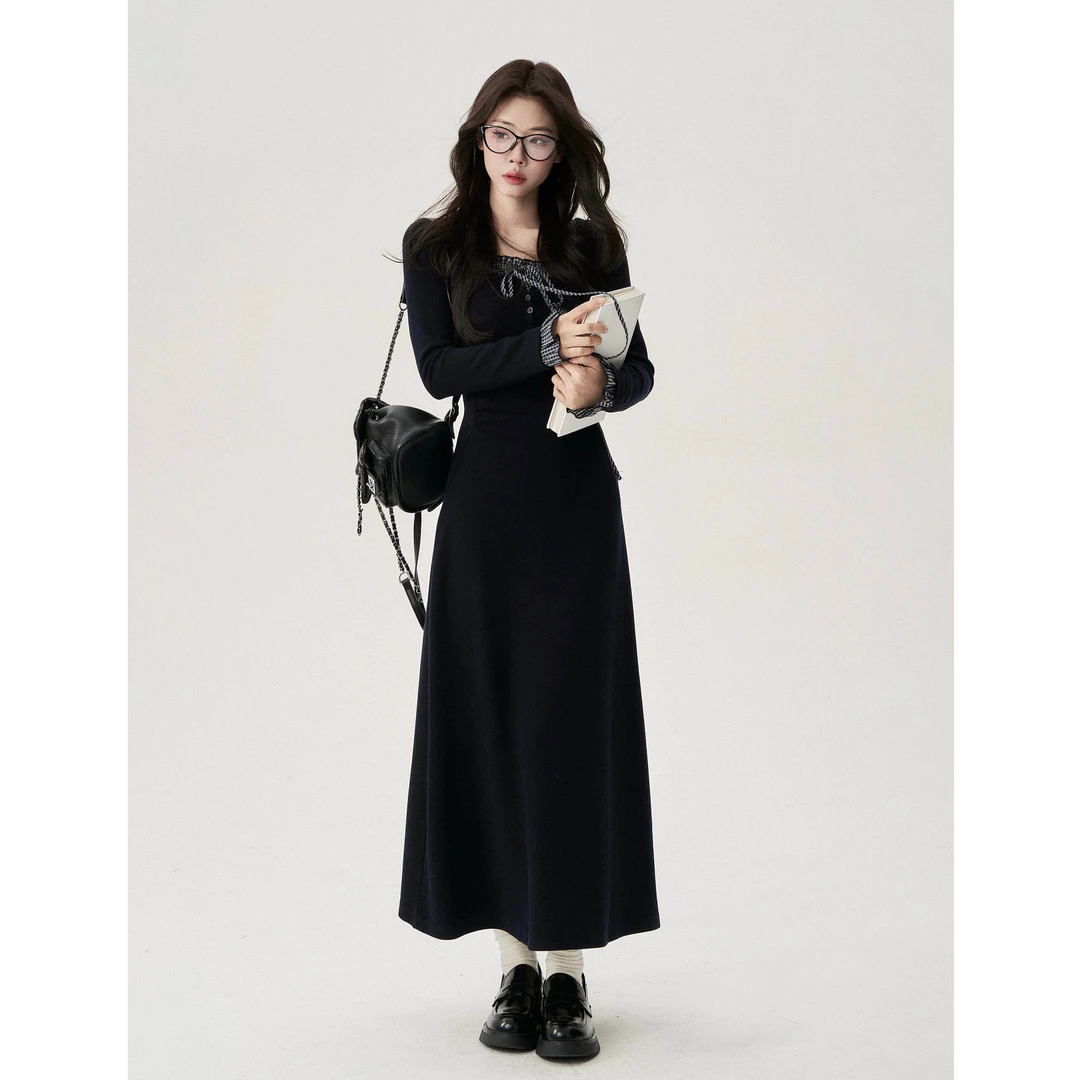 【小野莓】韩系气质高级感格子系带木耳领修身褶皱连衣裙BL86733