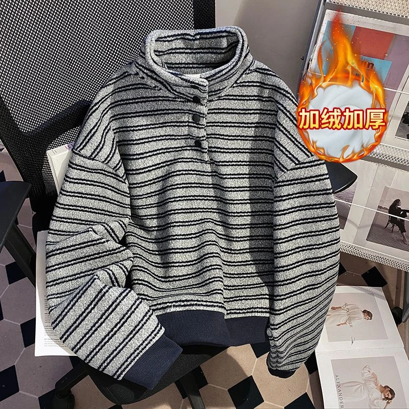 加绒加厚美式卫衣休闲条纹打底衫女宽松高领秋冬港风保暖上衣百搭