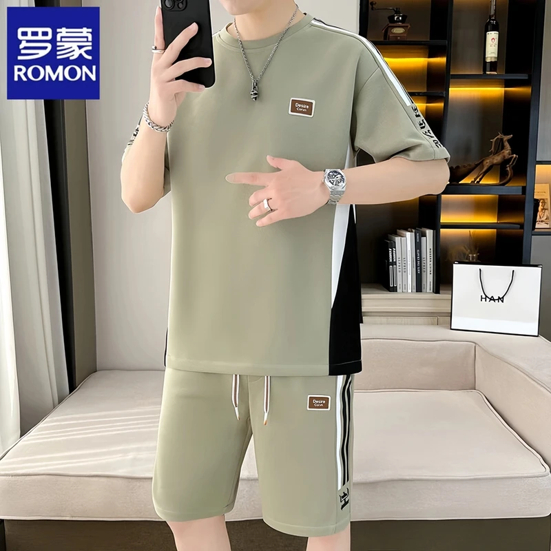罗蒙帅气潮流两件套男夏季新款冰丝休闲套装男士运动短袖T恤短裤