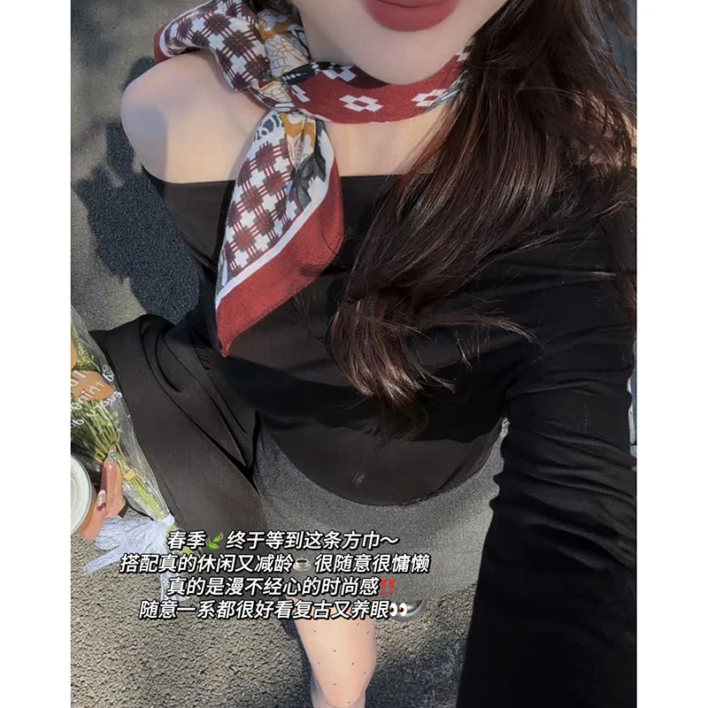 丝巾小方巾女复古棕色几何棉麻护颈系脖领巾 搭配衬衫ins头巾发带