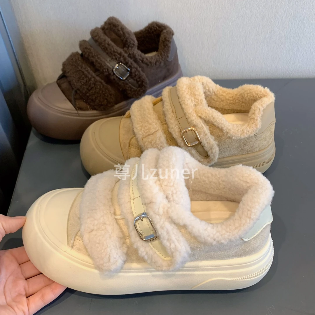 尊儿2025冬季新款复古魔术贴棉鞋毛毛极简风软底圆头加绒面包鞋