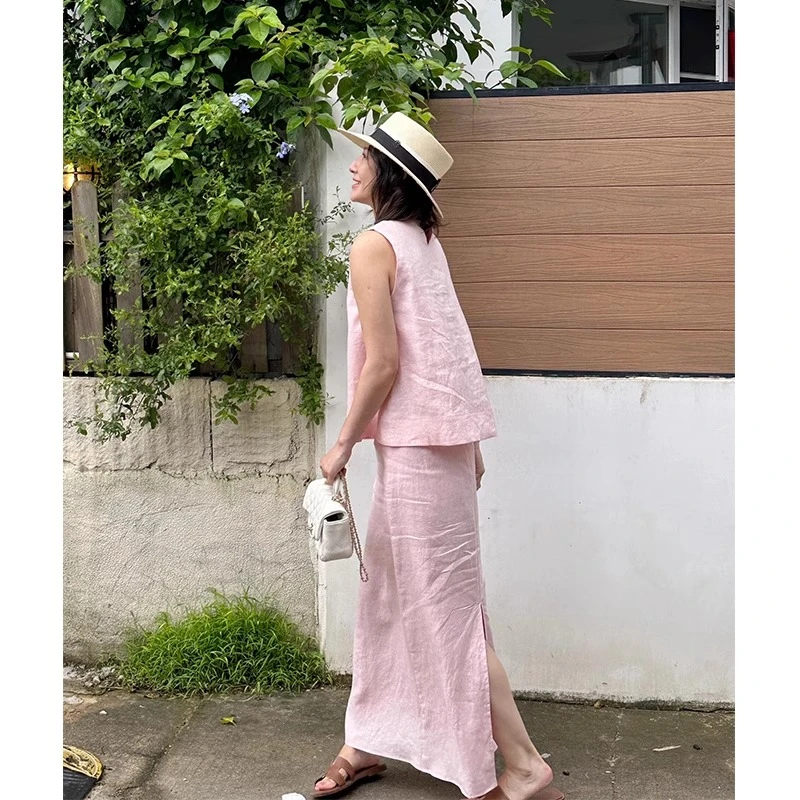 法式慵懒感亚麻套装女2025夏气质老钱风粉色无袖上衣半身裙两件套