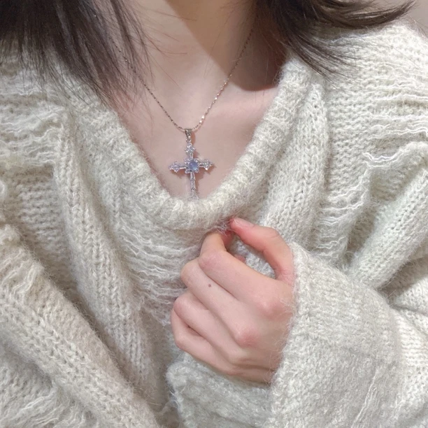 SG3130-［闪锆十字架］海蓝宝锆镶合金项链均有色差瑕疵多样发