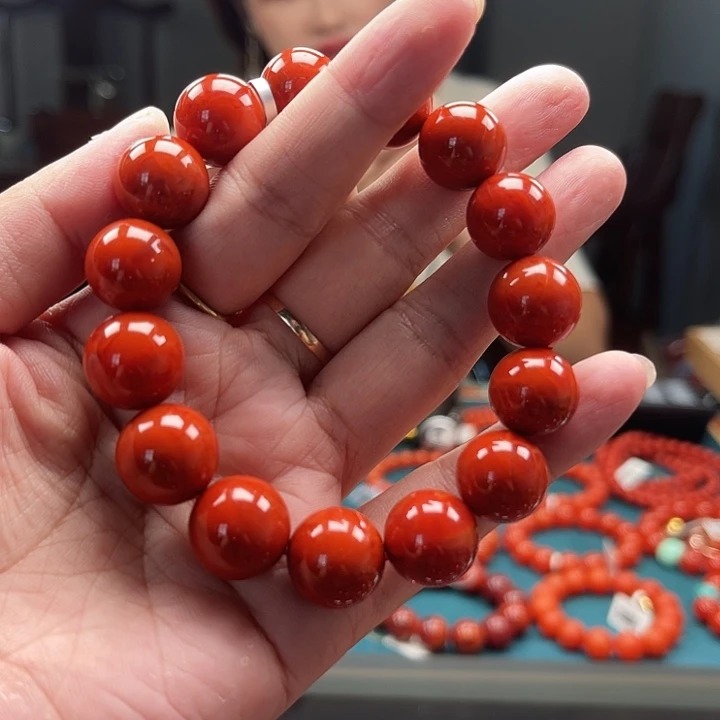 南红玛瑙未镶嵌瓦西牛血火焰纹圆珠14mm