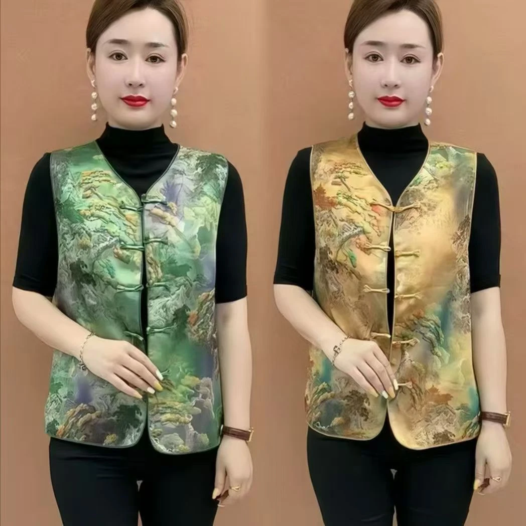 中式国风气质马甲时尚复古提花坎肩背心盘扣女装新款妈妈无袖上衣