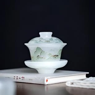 G2039-千里江山琉璃盖碗高档复古中式瓷盖碗茶道陶瓷大盖碗
