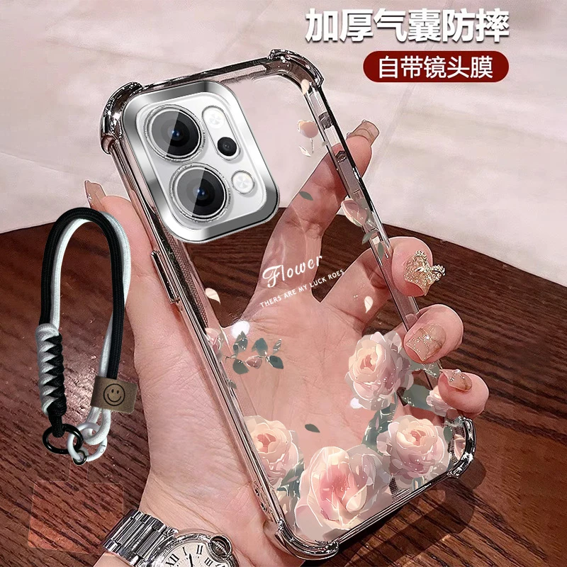 玫瑰花适用opporeno14手机壳手绳透明硅胶reno14pro带镜头膜防摔