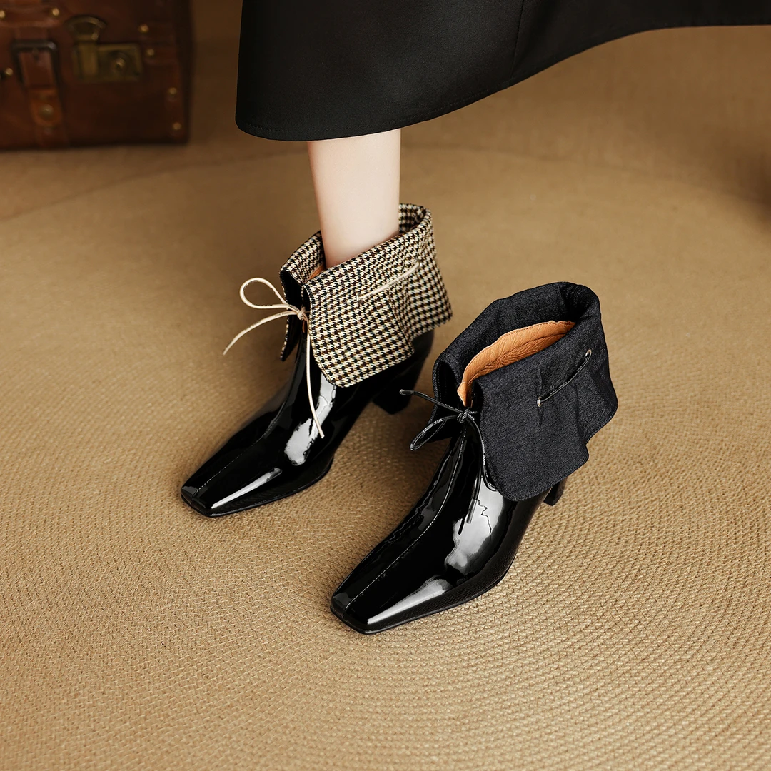 5.5cm法式千鸟格时装靴粗跟气质高跟复古女靴秋冬新款尖头短靴女