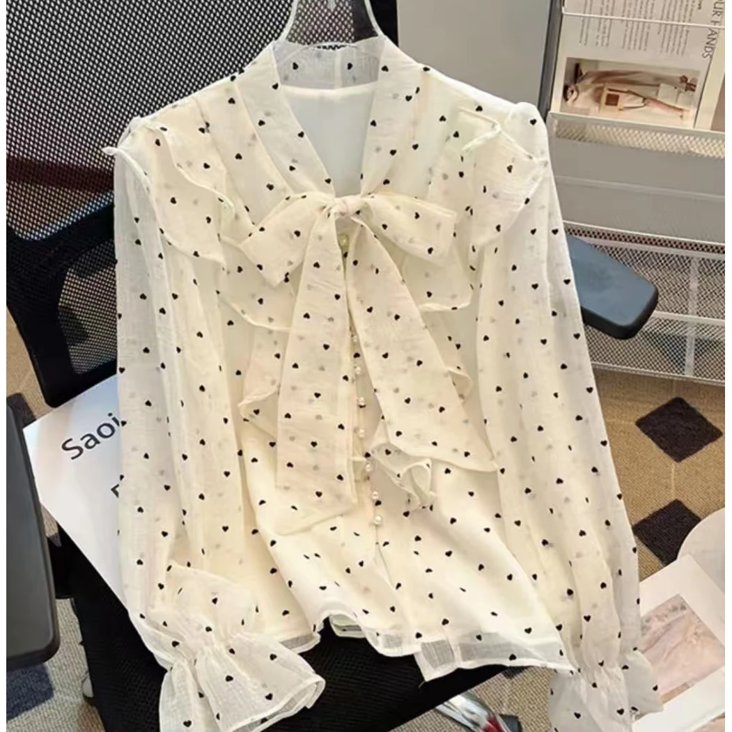 【326】法式气质名媛甜美荷叶边爱心系带珍珠扣长袖衬衫女上衣