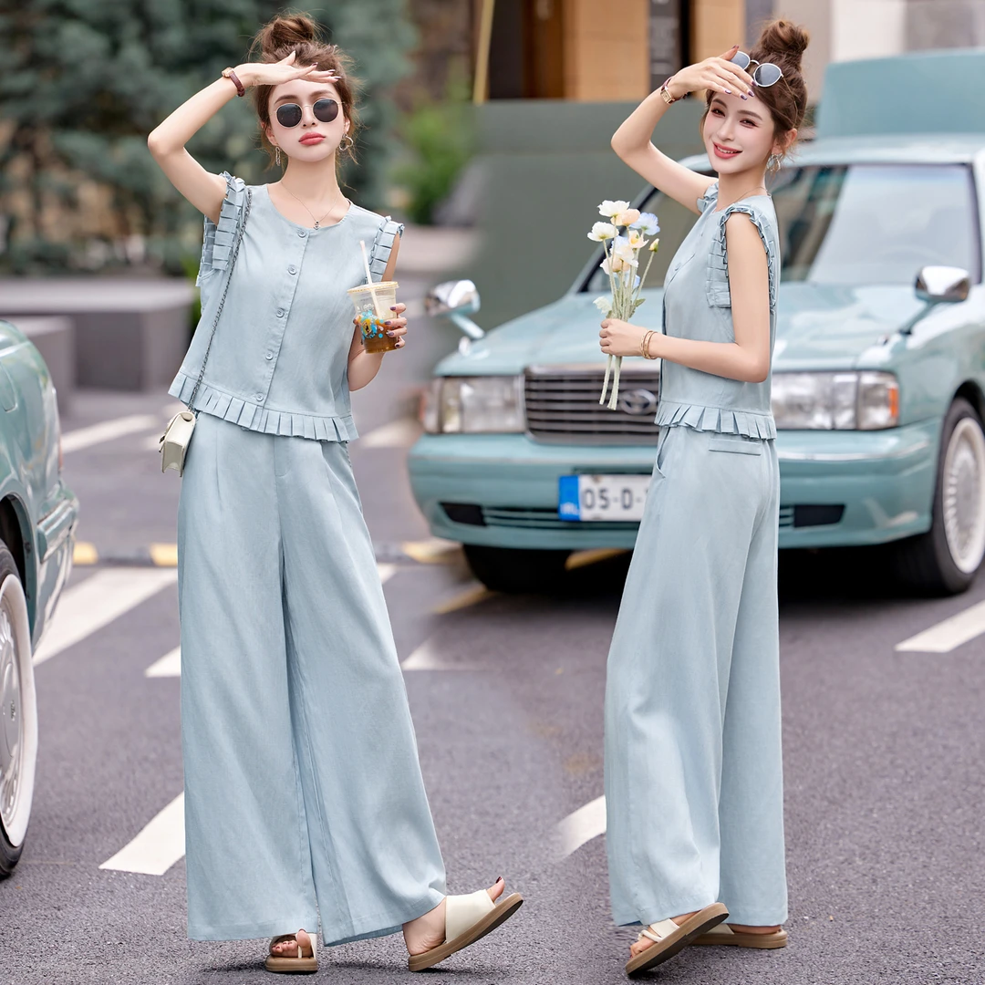 韩系木耳边无袖马甲套装女2025年夏季新款松弛感休闲阔腿裤两件套