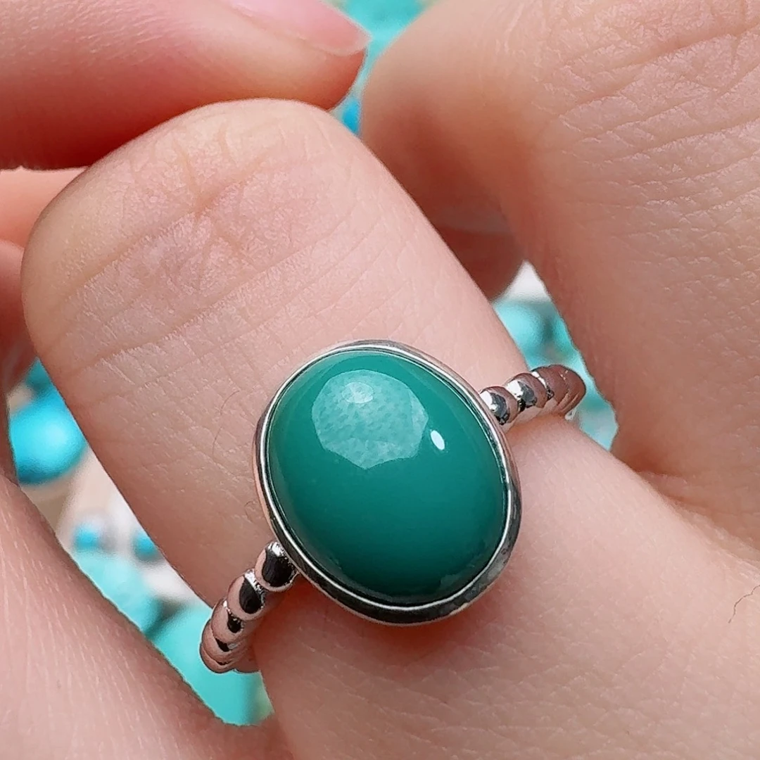 绿松石银S925镶嵌高瓷绿全品女戒