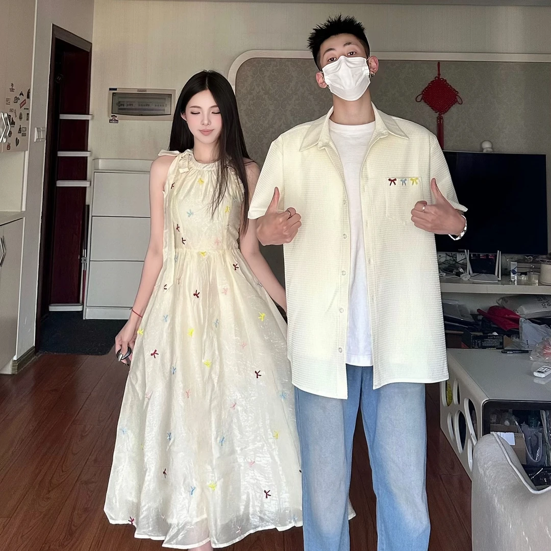 情侣装夏季法式收腰显瘦女神碎花新中式女连衣裙男短袖衬衫潮