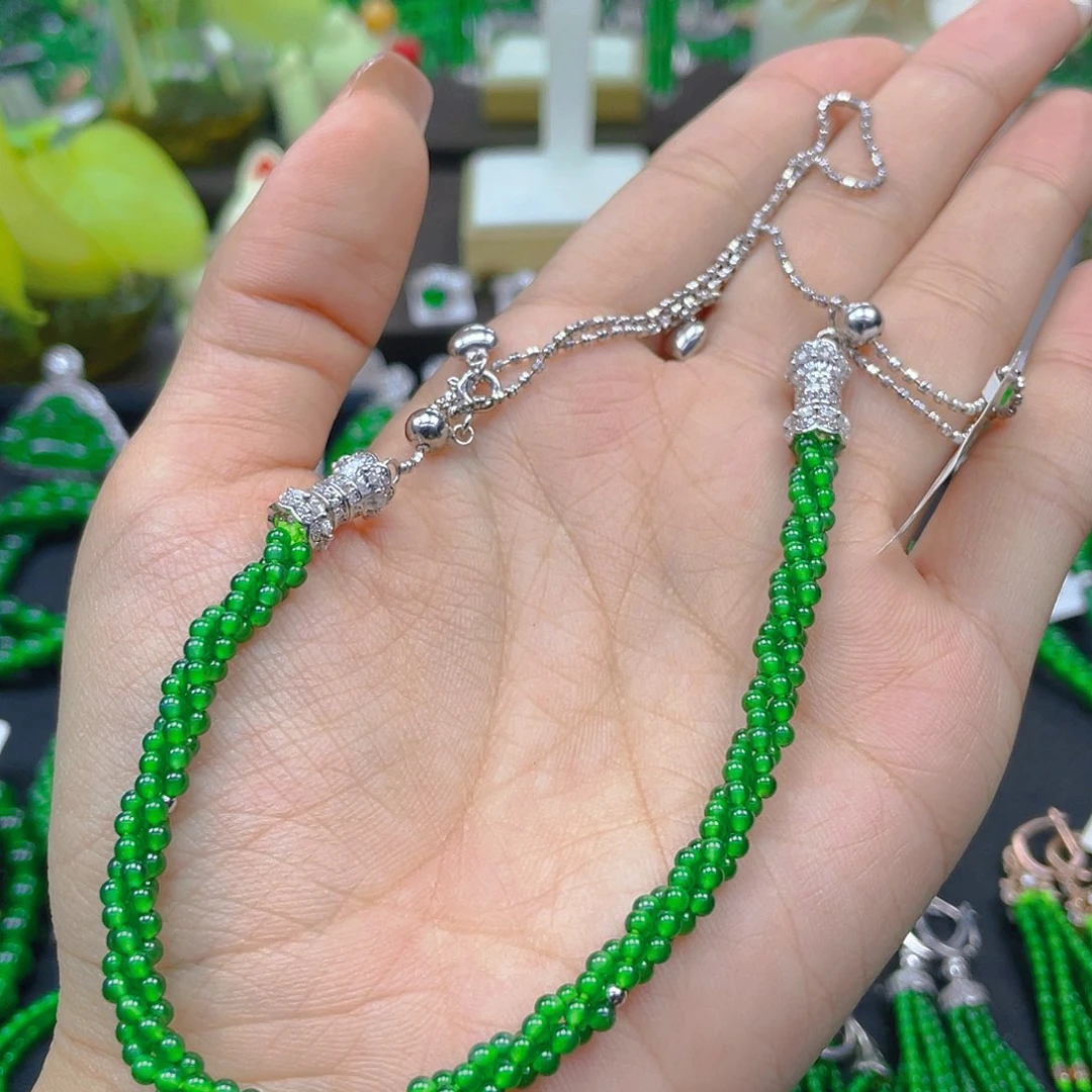 翡翠颈饰银S925镶嵌天然A货翡翠麻花