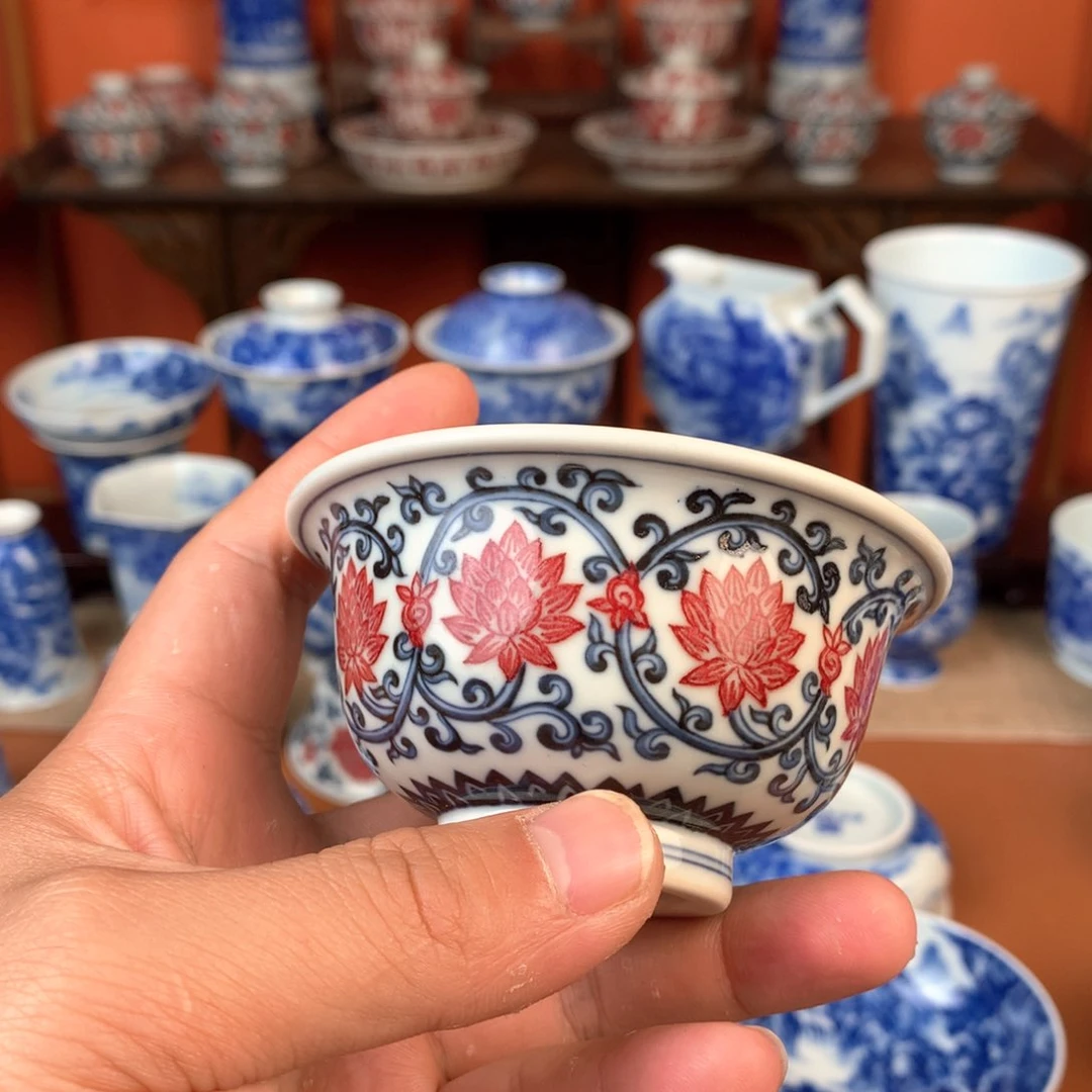 青花釉里红主人杯手工手绘