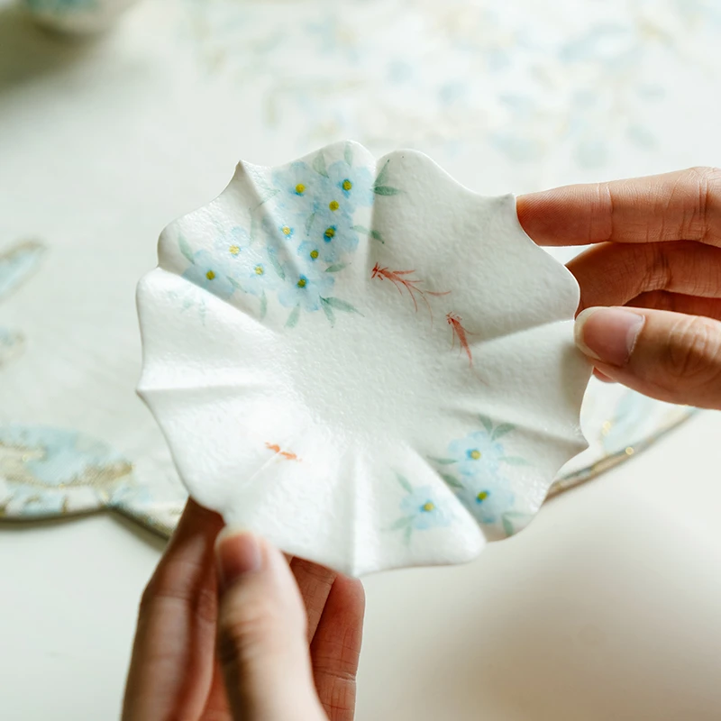 赞朴杯垫岩矿白纯手绘蓝星花功夫茶杯托家用陶瓷隔热防烫茶道配件