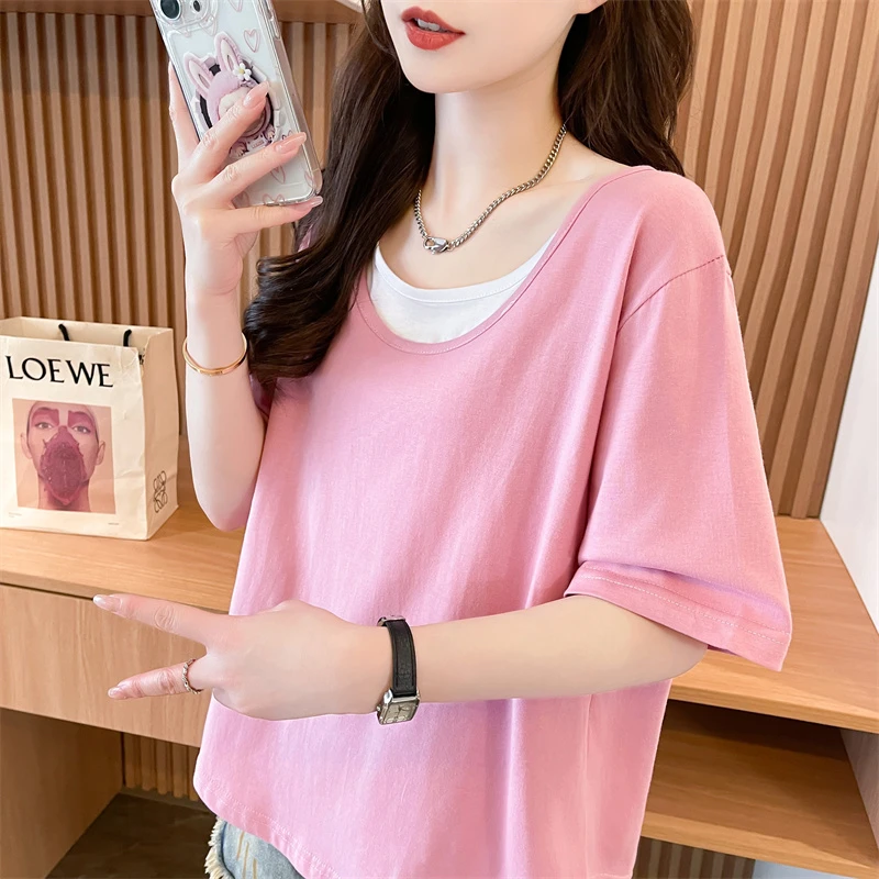 假两件纯棉短袖t恤女夏季2025新款宽松大码女装小个子设计感上衣