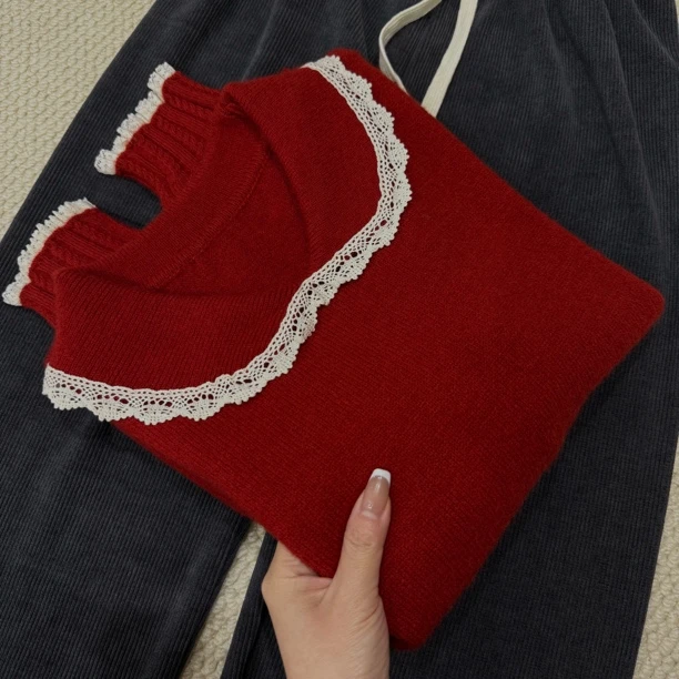 韩系娃娃领蕾丝花边套头毛衣女2024秋冬季新款宽松甜美针织衫上衣