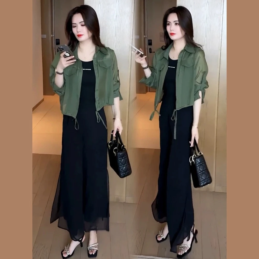 新款休闲气质女士两件套短款衬衣雪纺宽松裤子套装2025夏