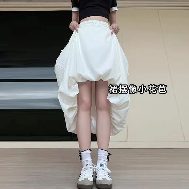 白色花苞裙女夏2025新款高腰a字伞裙小个子中长款显瘦蓬蓬半身裙