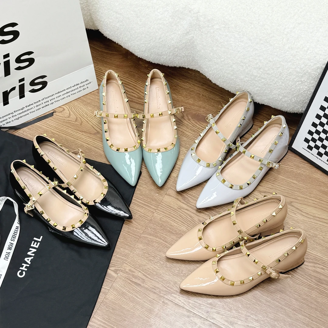 婉婉鞋7cm尖头铆钉一字扣带单鞋女内增高漆皮法式气质玛丽珍鞋女
