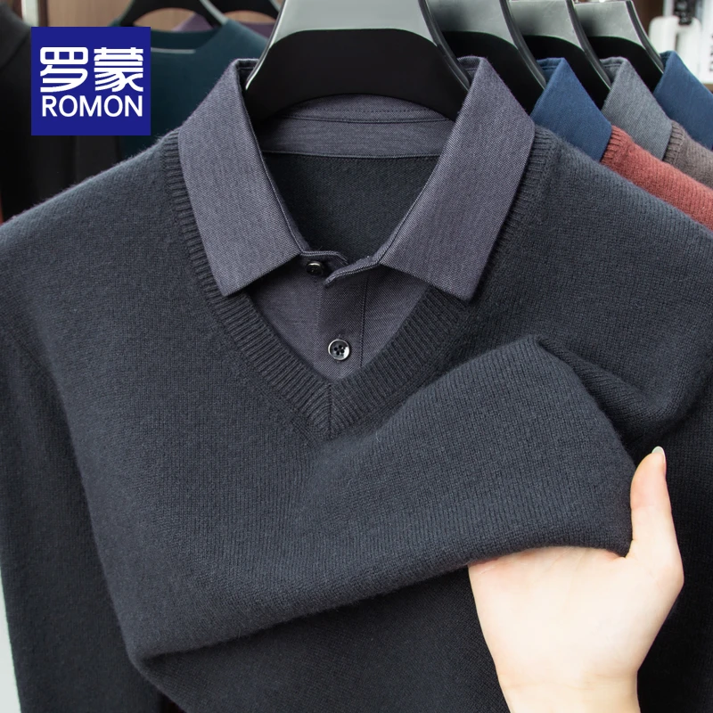 罗蒙100%绵羊毛衫男士长袖休闲针织打底衫纯色假两件衬衫领秋冬款