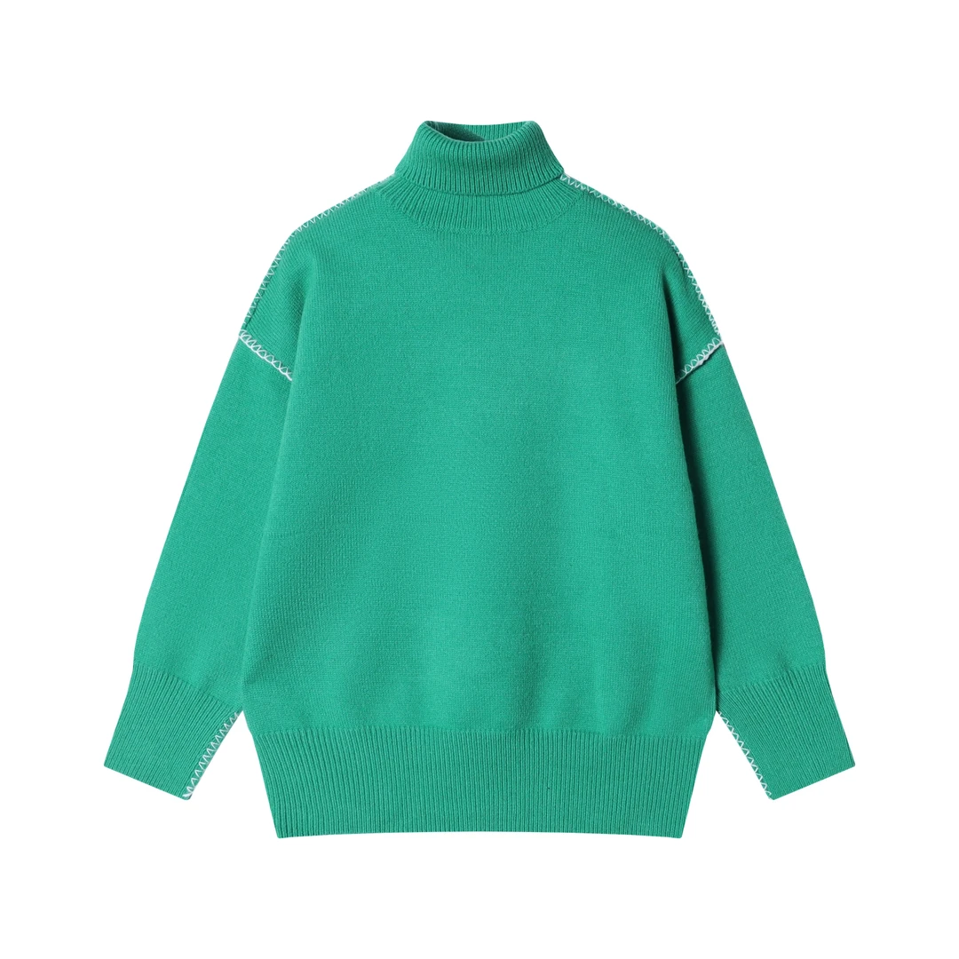 秋冬季新款时尚个性韩版纯色明线高领毛衣潮流百搭情侣套装针织衫