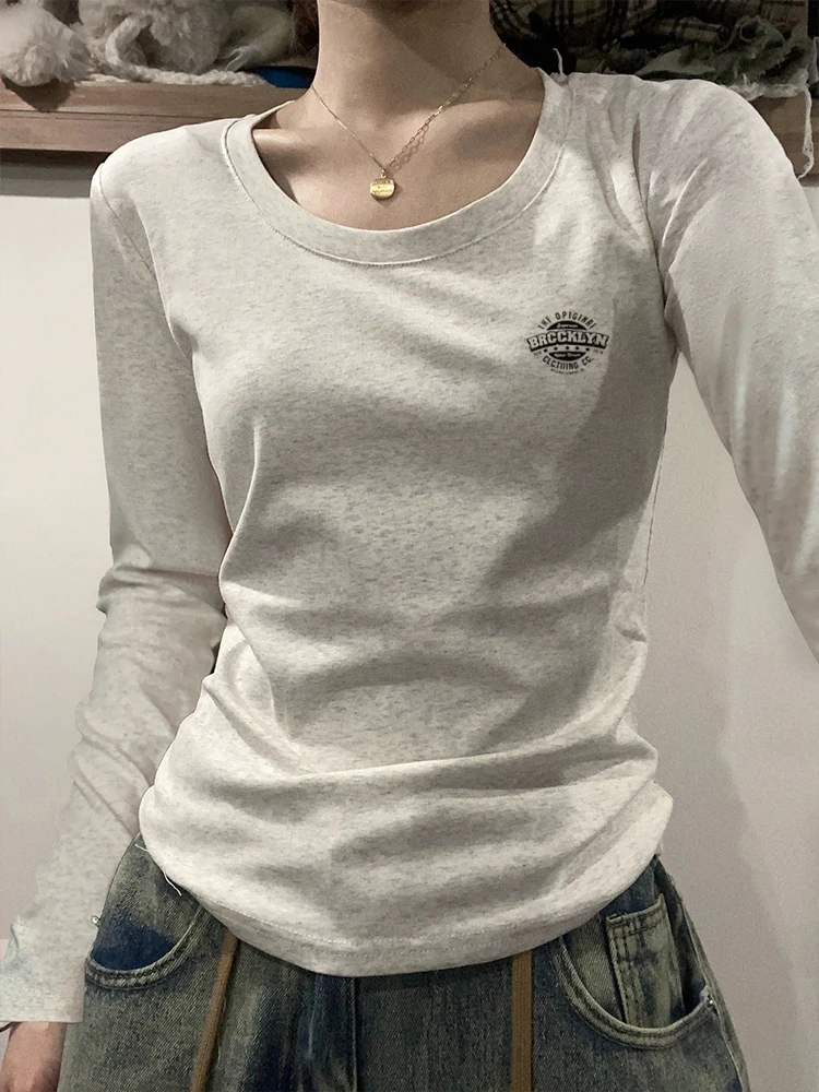 百搭显瘦U领正肩长袖T恤女时尚休闲秋冬季新款内搭打底衫上衣