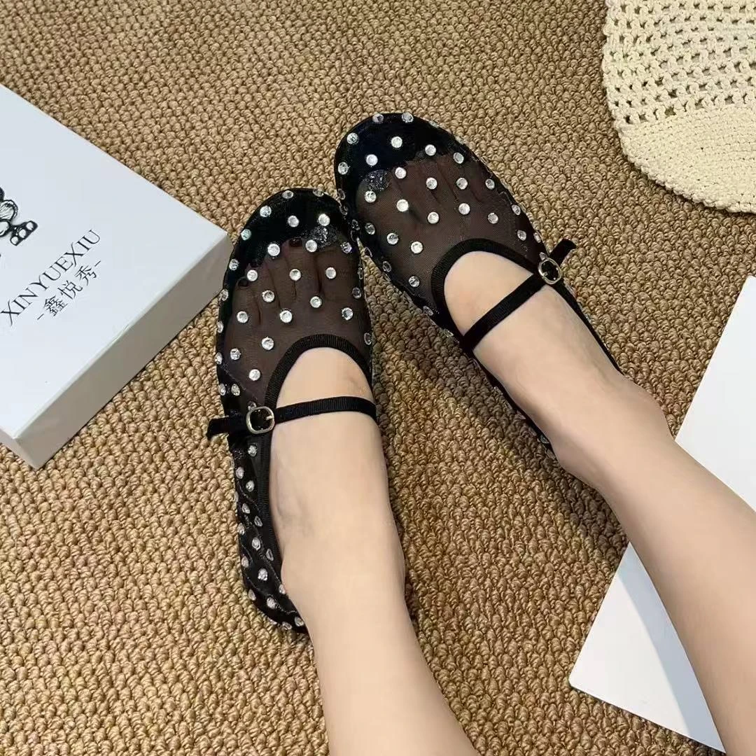 夏季女新款时尚水钻网纱玛丽珍鞋平底浅口轻便舒适透气圆头女网鞋