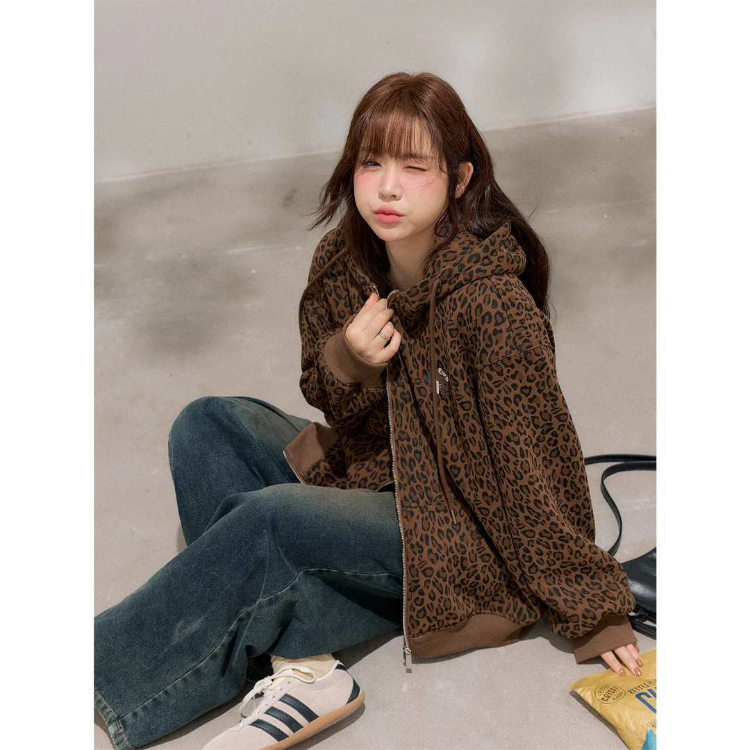 张大人【豹纹牛仔】大码女装微胖妹妹百搭印花上衣吊带