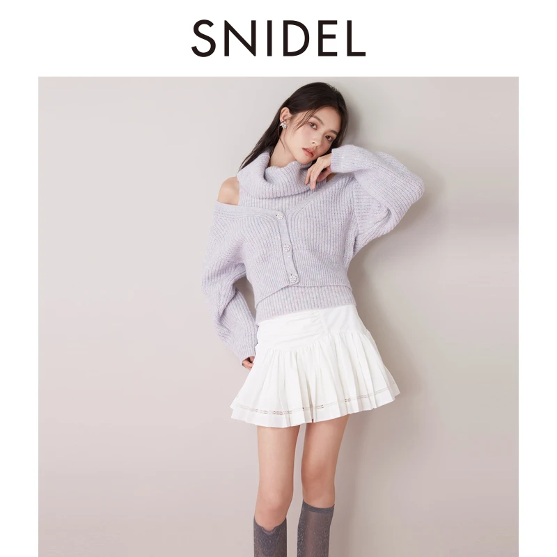 SNIDEL秋冬新品高领翻领露肩针织开衫毛衣两件套SWNT245309