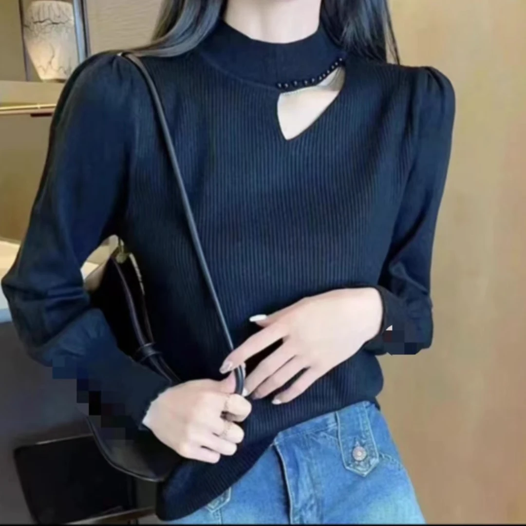 针织镂空半高领长袖毛衣女2820# 衣长53