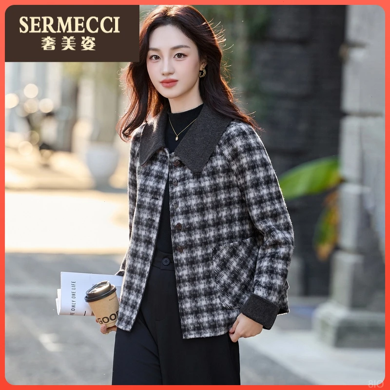 减龄新款气质格纹毛呢短外套2025秋冬小香风翻领双面加厚大衣