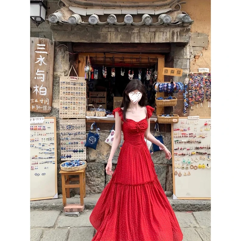 红色小飞袖露背波点连衣裙女收腰显瘦长款海边度假风雪纺裙 80398