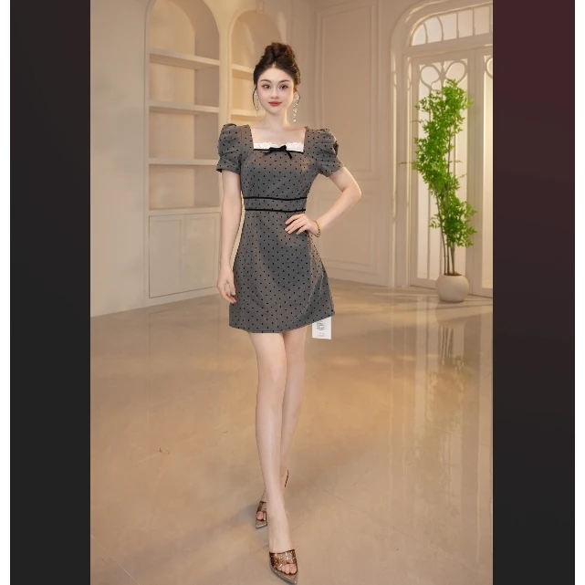 【显瘦定制】波点中长裙夏季连衣裙法式旗袍显瘦泡泡袖名媛61777