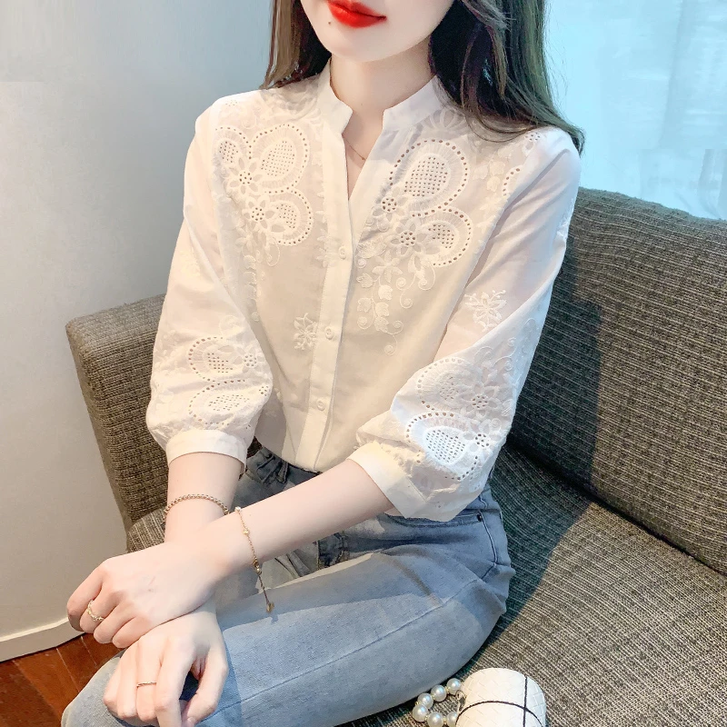 (运费补贴) 棉 白色七分袖衬衫女士2025夏季新款上衣时尚洋气减龄