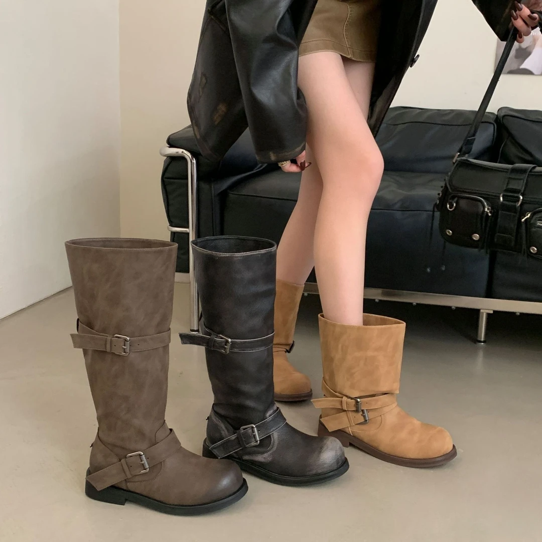 新款百搭休闲厚底牛皮版~韩版宽筒软皮鞋子高底高筒时装靴长筒靴