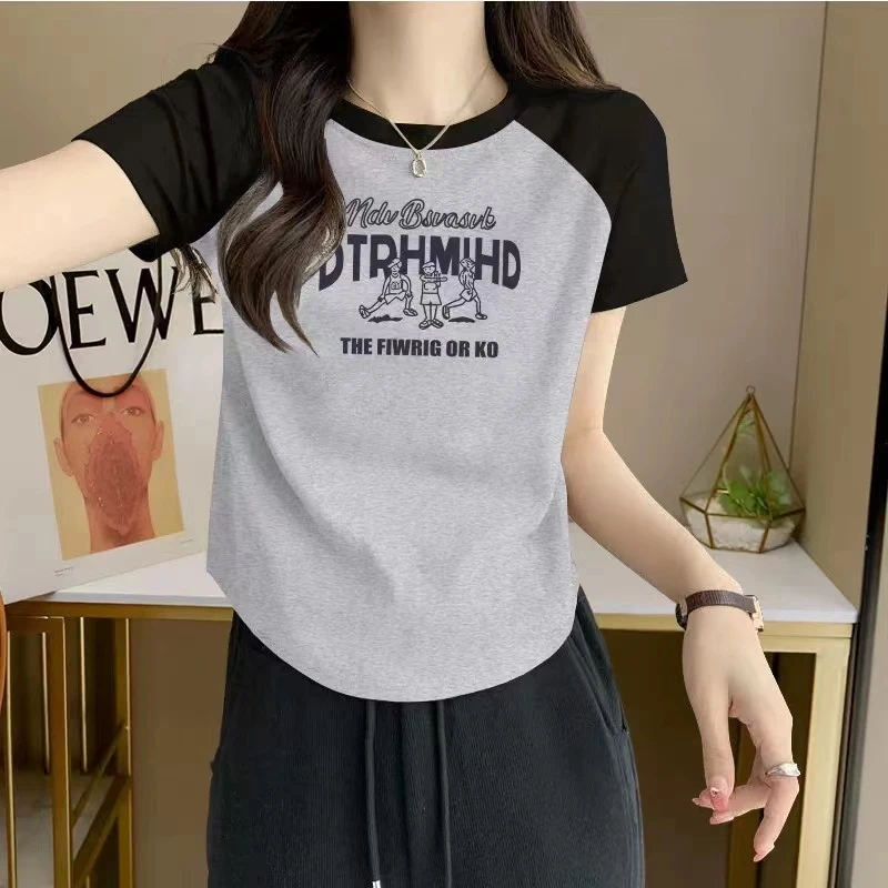 【小可爱专属】2025撞色插肩袖正肩T恤女夏季宽松显瘦印花上衣潮