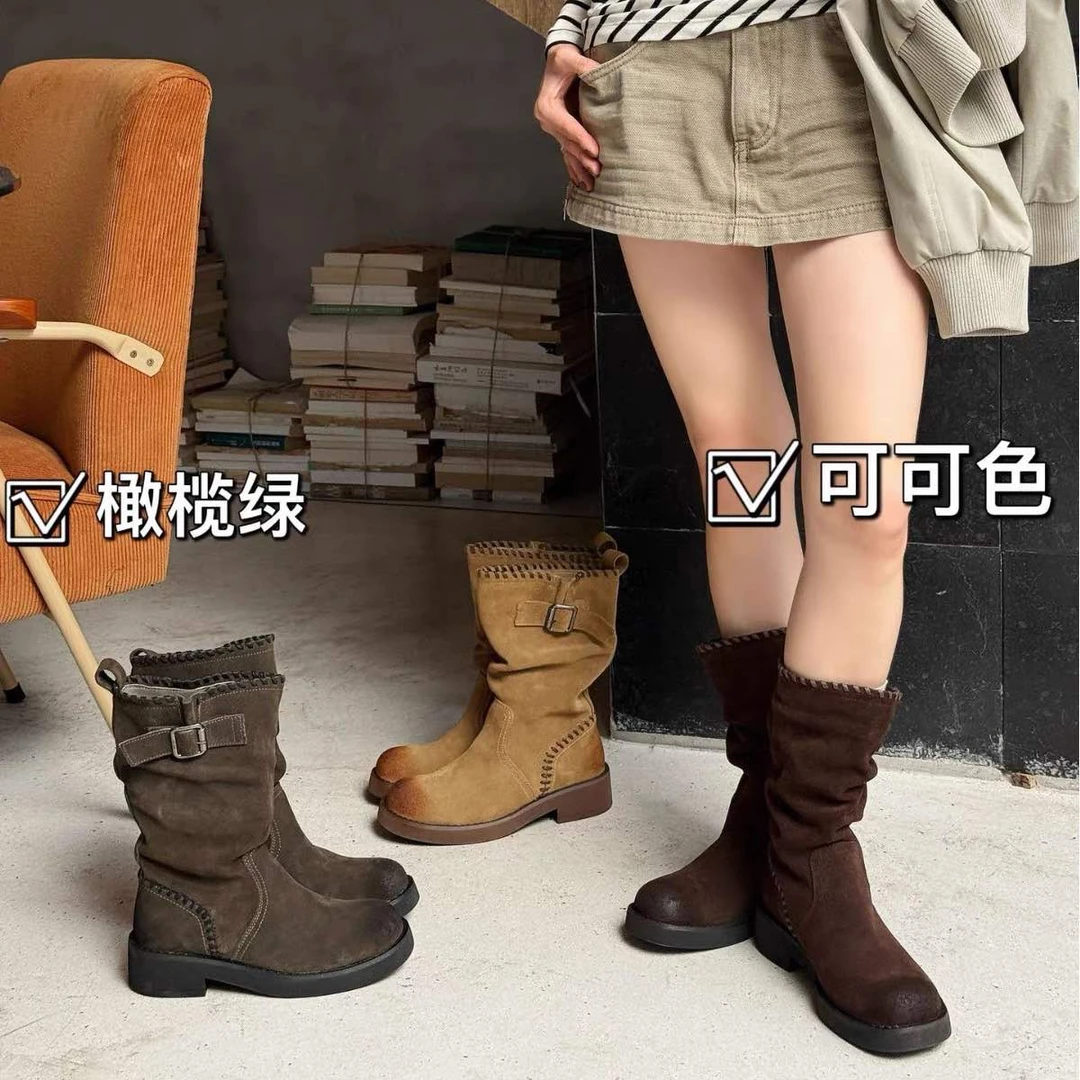 复古粗跟百搭女鞋绒面中筒靴筒靴厚底时装靴rqdd 7161