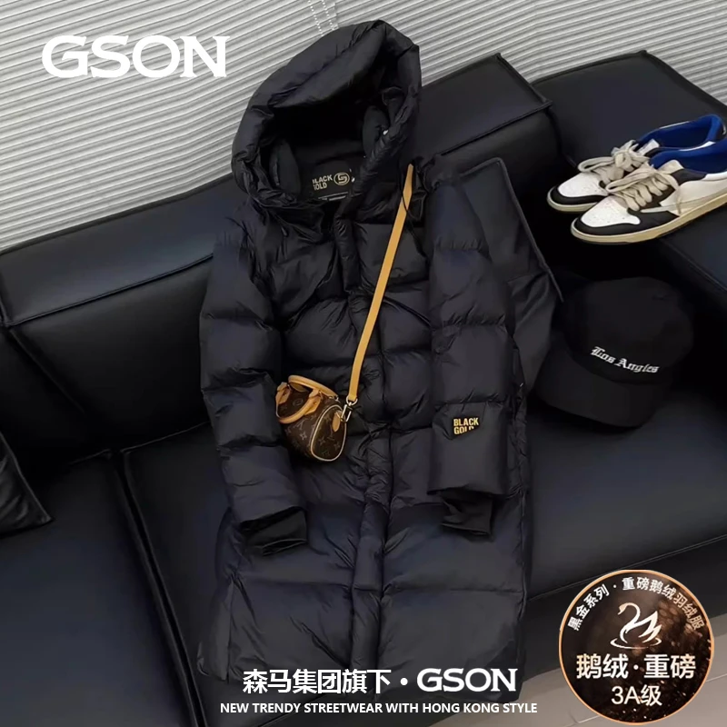 森馬集团GSON黑金羽绒服女中长款冬季黑色加厚极寒面包服短款外套