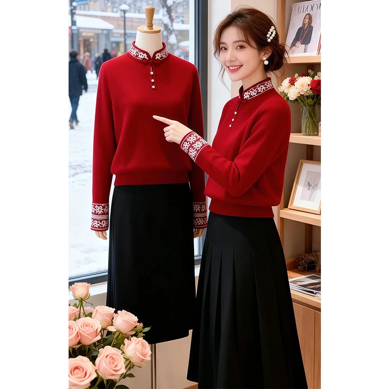 兹伊翰【新年纳福】新中式时尚刺绣红色毛衣2026秋冬新款国风针织衫