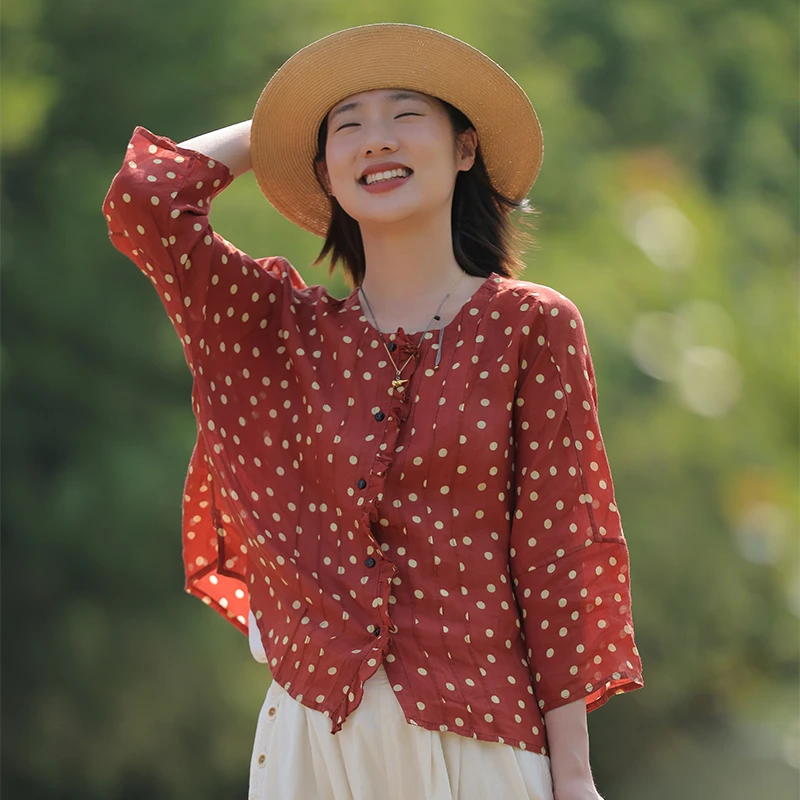 慢慢变蓝原创 夏季天然透气苎麻波点衬衫女宽松圆领上衣七分袖