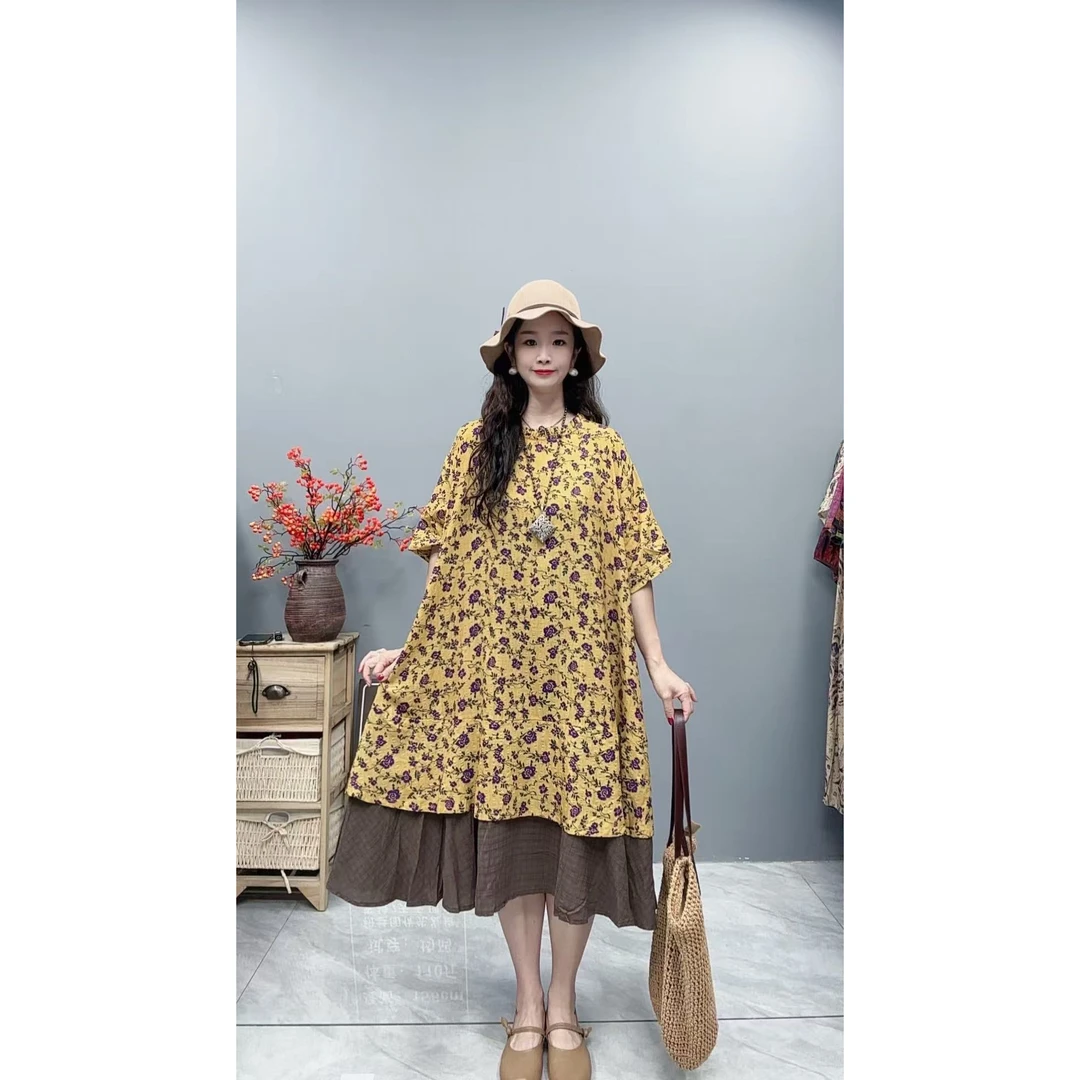 5322夏季新款显瘦气质时尚女百搭休闲文艺复古印花洋气宽松连衣裙