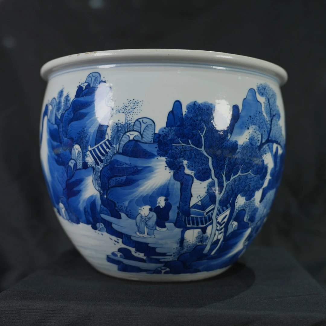 青花山水人物纹卷缸