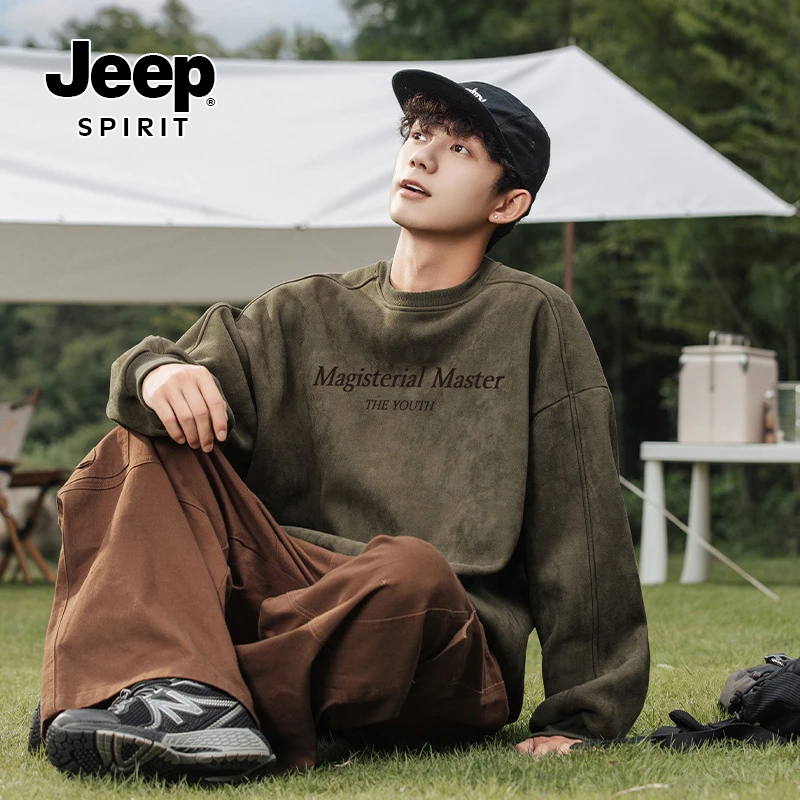 JEEPSPIRIT吉普美式麂皮绒400g重磅卫衣高街潮牌宽松上衣休闲男