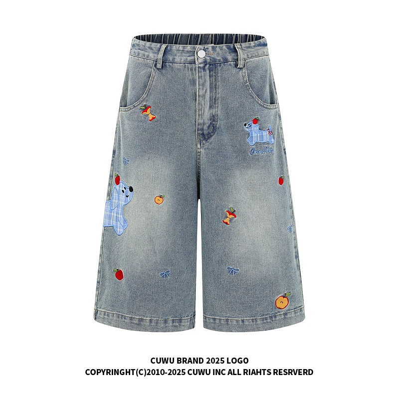 cuwu可爱苹果小狗刺绣牛仔七分裤女男夏季水洗宽松直筒阔腿中裤子