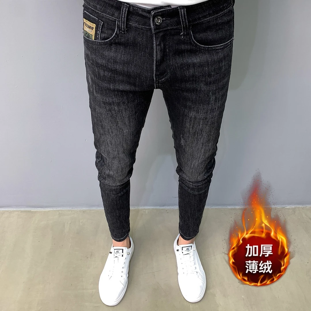 加厚黑色牛仔裤男士潮牌秋冬款修身韩版九分显瘦弹力水洗小脚长裤
