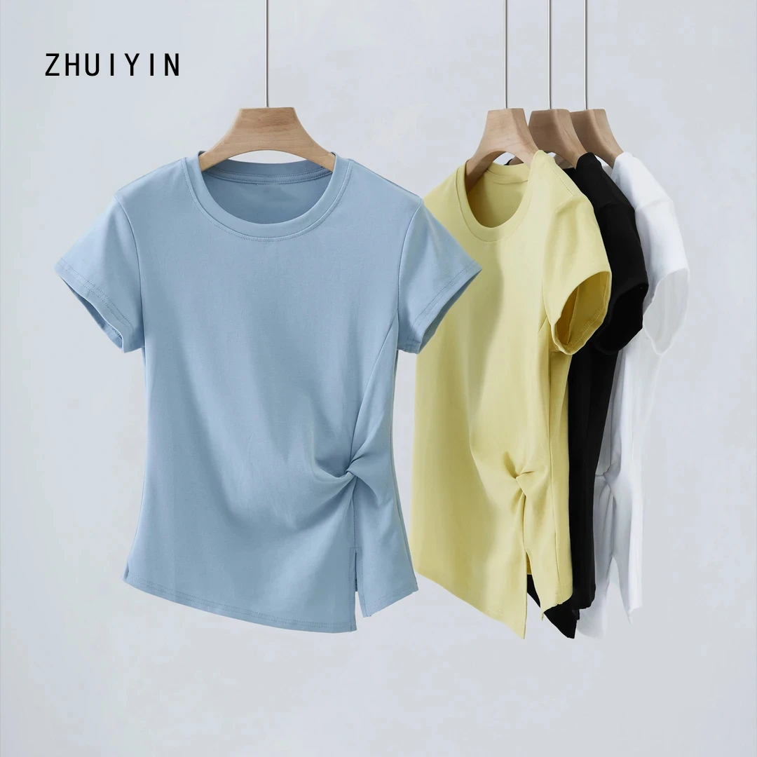 女士气质独特漂亮小衫上衣圆领正肩设计感褶皱短袖夏季修身T恤女