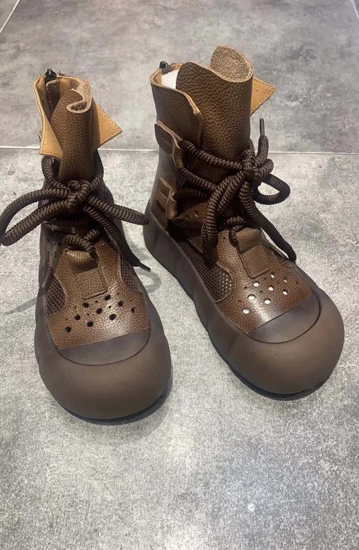 真皮手工复古罗马凉靴女2025春夏新款厚底中筒休闲马丁洞洞镂空靴