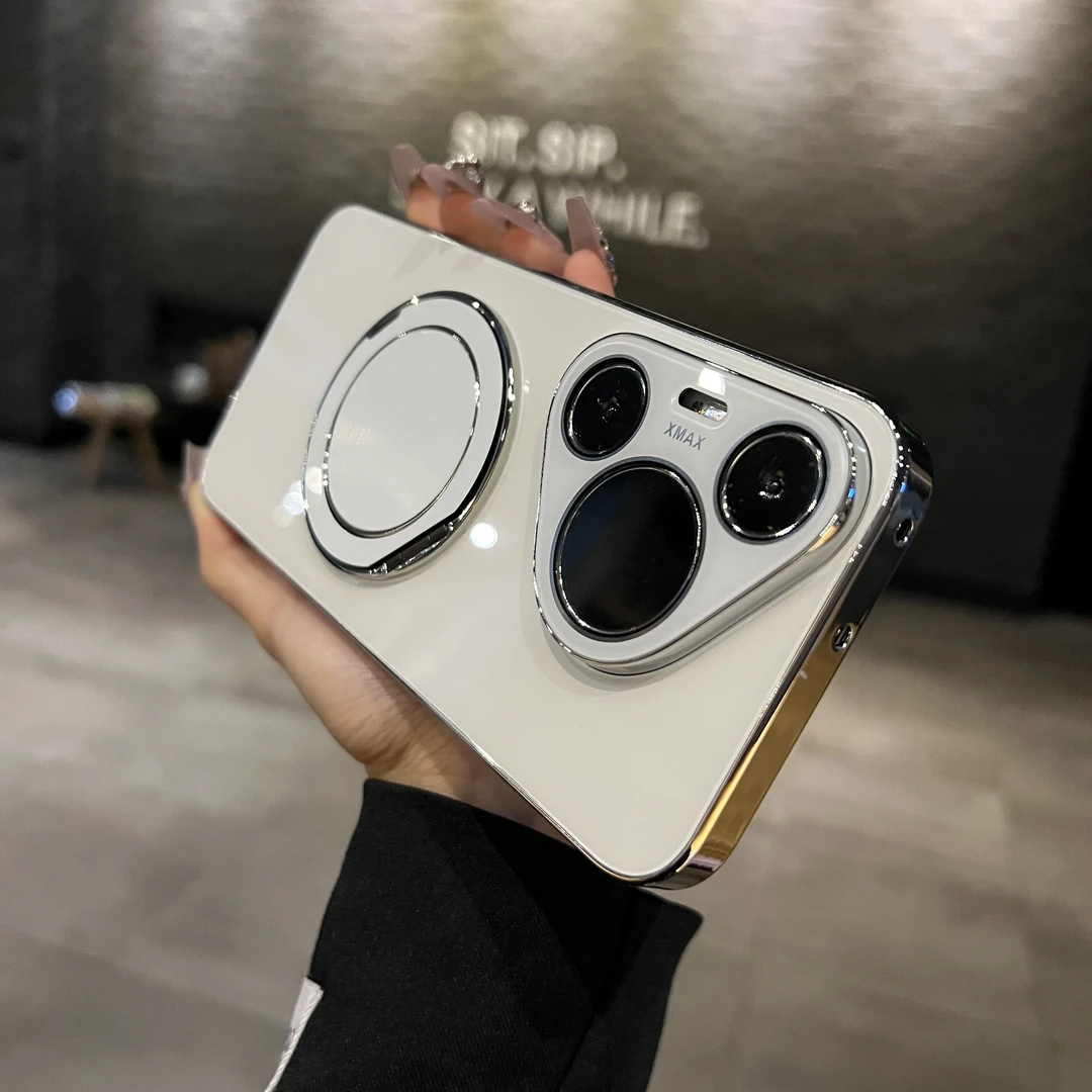 适用华为pura70/70pro镜头全包带磁吸旋转支架玻璃手机壳电镀高端